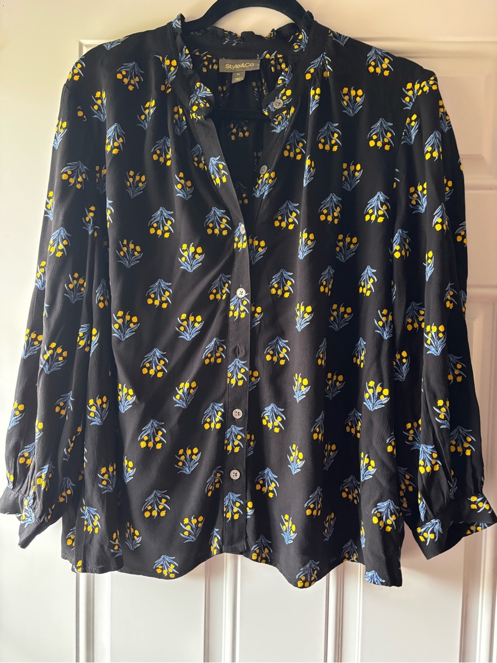 Style & Co. Black Button-Front Blouse with Yellow & Blue Floral Motif